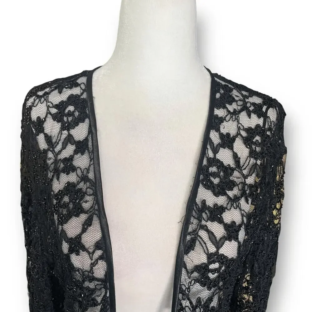Vintage Laurence Kazar Black Beaded Lace Sheer Open Front Evening Jacket Romance